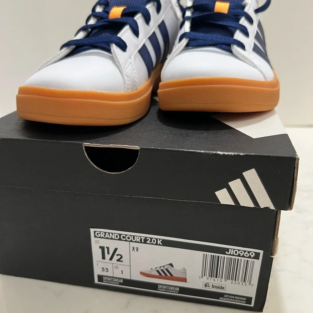 Adidas Kids' White and Navy Sneakers with Orange Accents